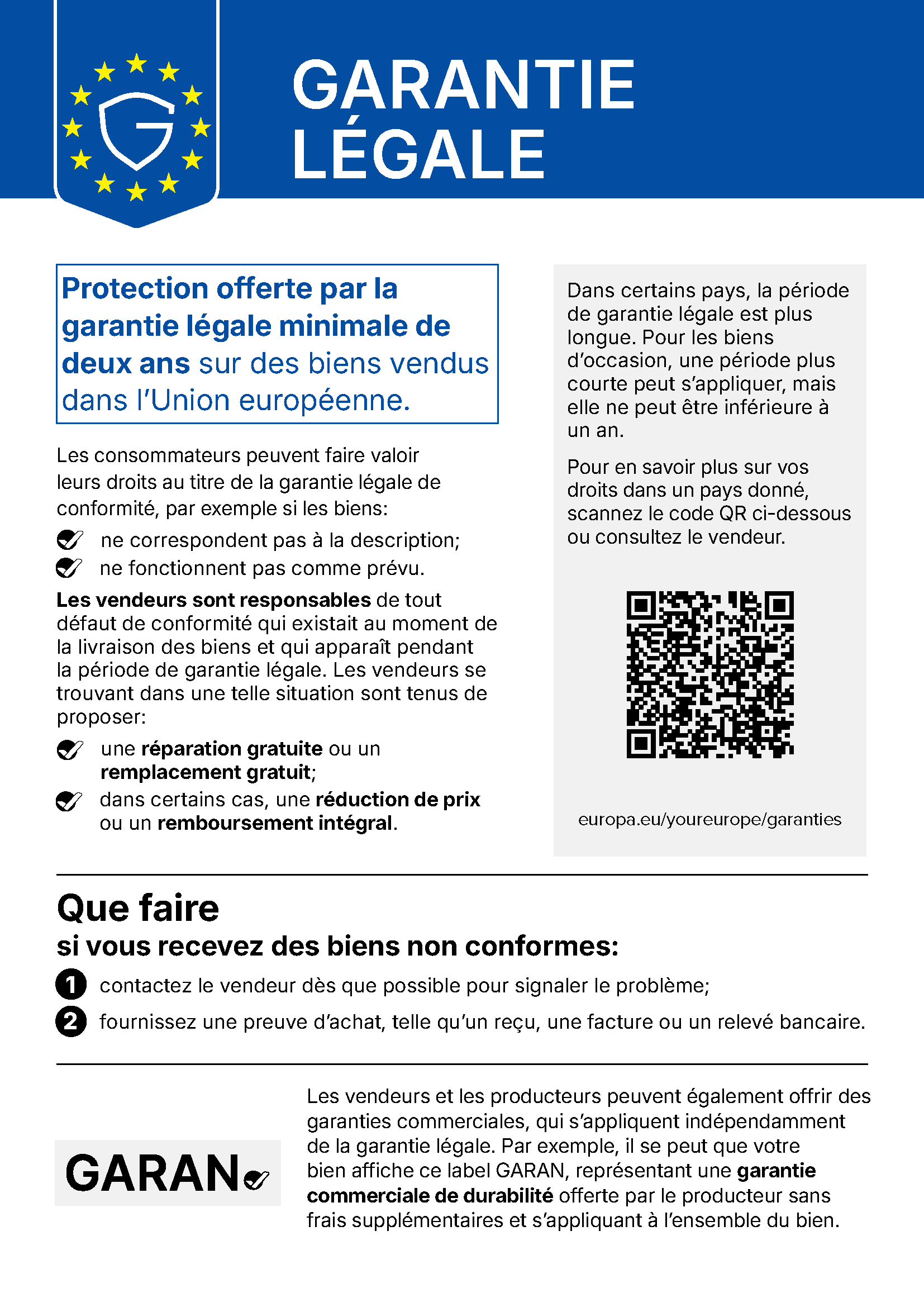 Avis harmonisé de l'Union européenne sur la garantie légale de conformité